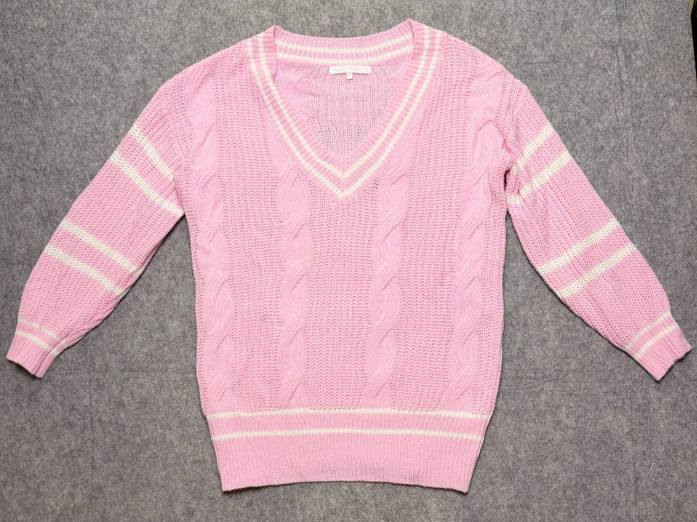 More To Come Womens XS Pink Cable Knit V Neck Cricket Sweater Varsity Stripe